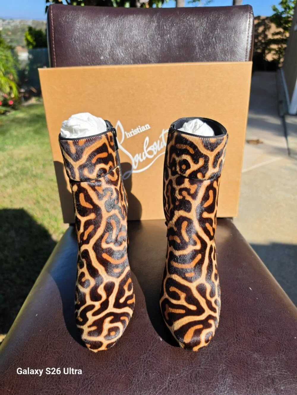 LOUBOUTIN Moulamax 85 Pony Miaou Leopard Calf Hair Booties 38 Red Sole w/ Box